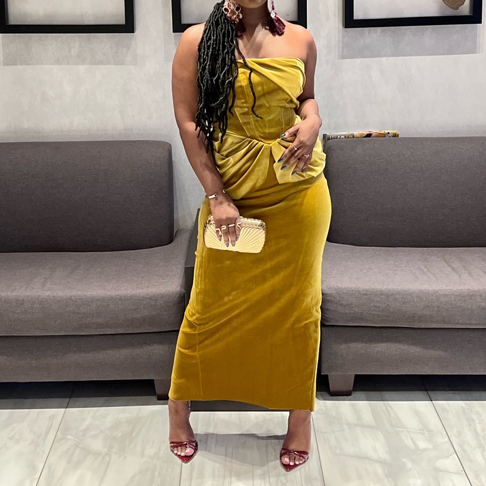 ASOS DESIGN velvet bandeau drape midaxi dress in gold